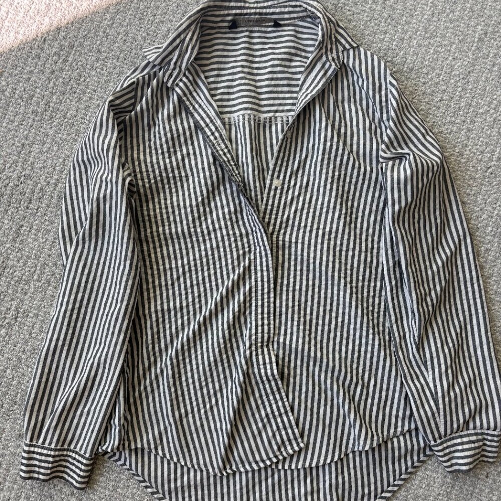 Zara Striped High Low Button Down Shirt - Grey & White Pinstripe